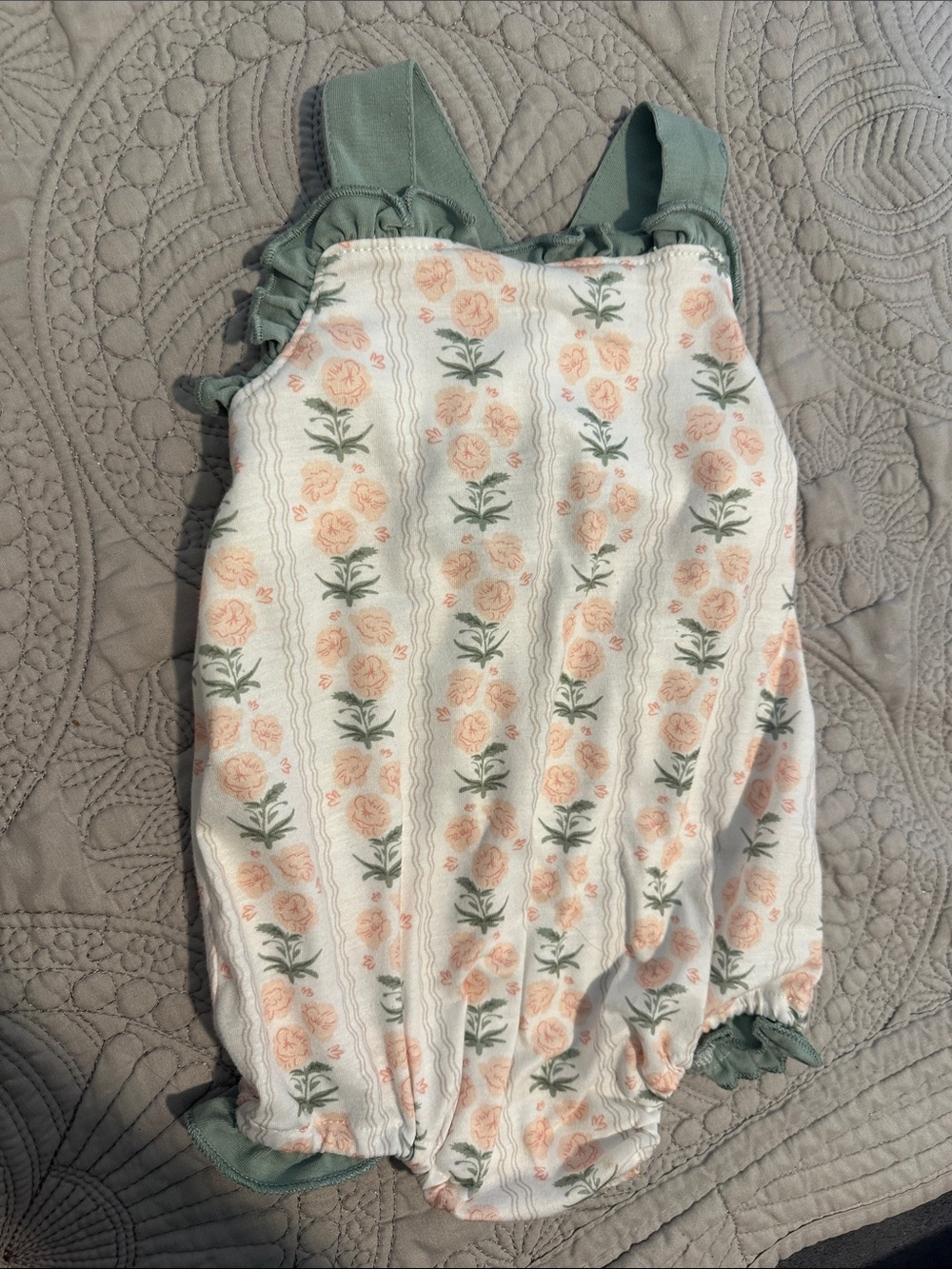 Peach Floral Crossback Baby Romper with Sage Straps